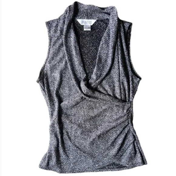 Metallic V-neck Faux Wrap Side Cinched Sleeveless Top - Picture 6 of 6